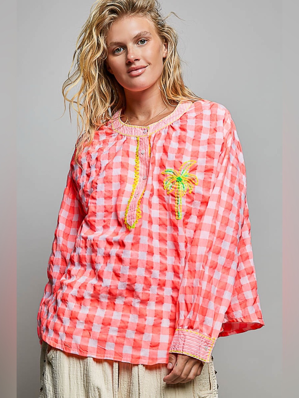 POL Gingham Embroidered Palm Tree Blouse 10010049599